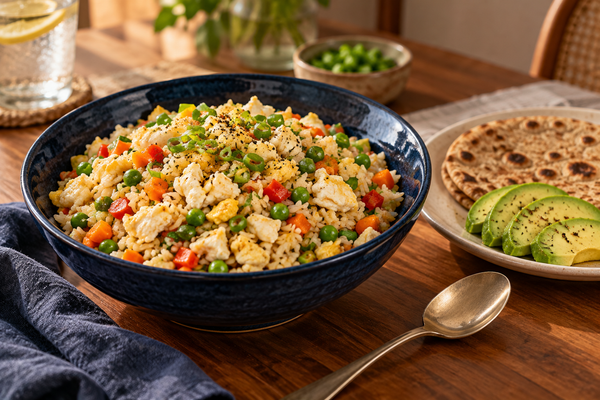 A generous bowl of cooked egg-white vegetable rice with avocado and roti