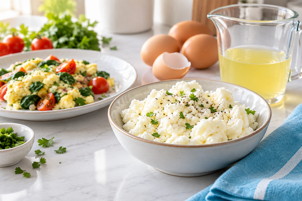 Cooked egg whites, fresh eggs and a glass measuring cup in a bright kitchen