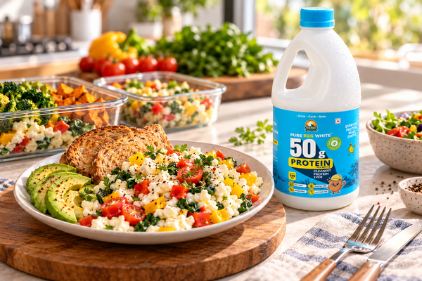 EGG RAW 500 ml liquid egg whites beside a balanced high-protein meal
