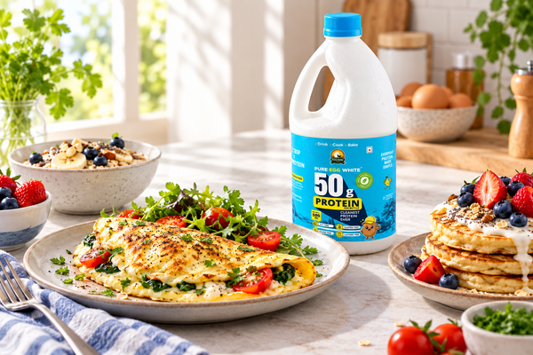 EGG RAW 500 ml liquid egg whites with a high-protein breakfast spread