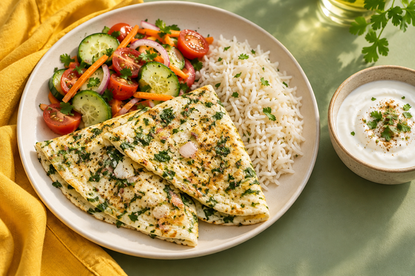 Balanced plate of cooked egg-white omelette, rice, salad and yogurt