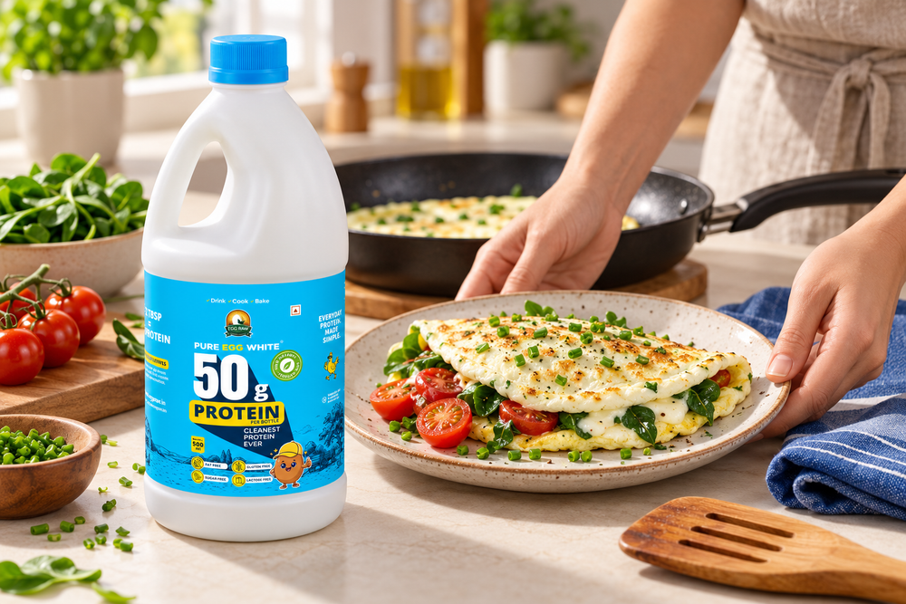 EGG RAW liquid egg-white bottle beside a cooked vegetable omelette