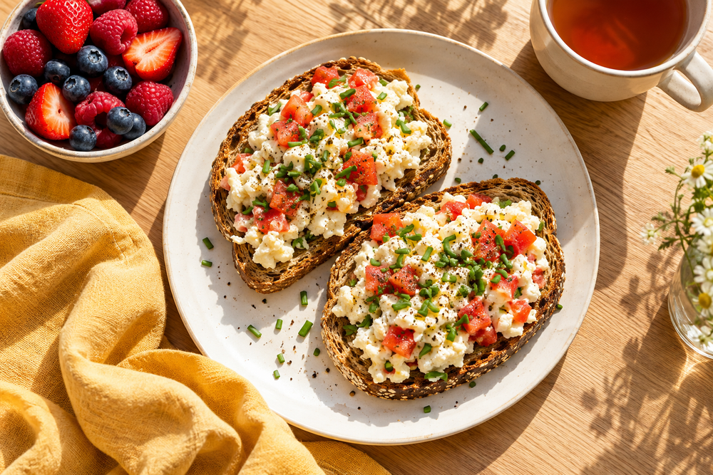 Egg-white scramble with tomatoes on wholegrain toast beside berries and tea