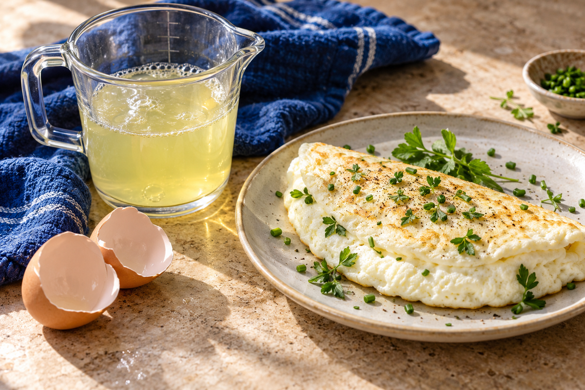 Liquid egg whites in a glass jug beside a cooked herb omelette