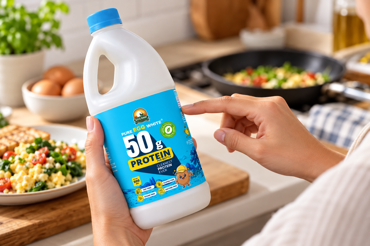 Hands checking the label on an EGG RAW liquid egg-white bottle