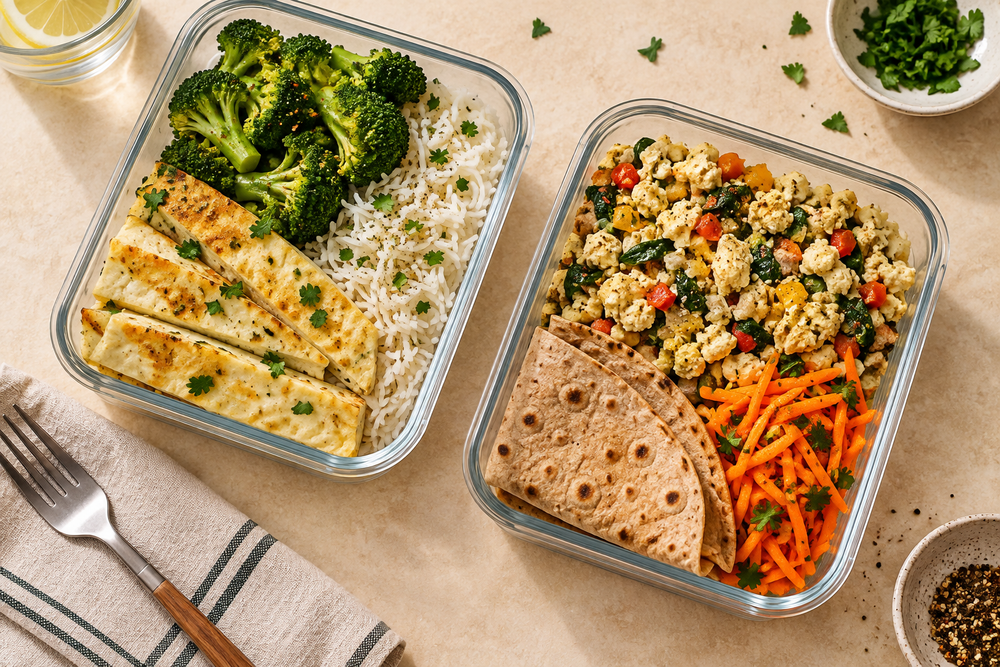 Two meal-prep boxes with cooked egg whites, rice, vegetables and roti