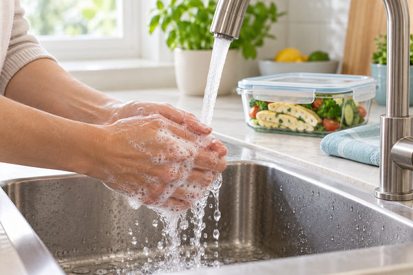 Hands being washed with soap in a kitchen beside a closed meal-prep container