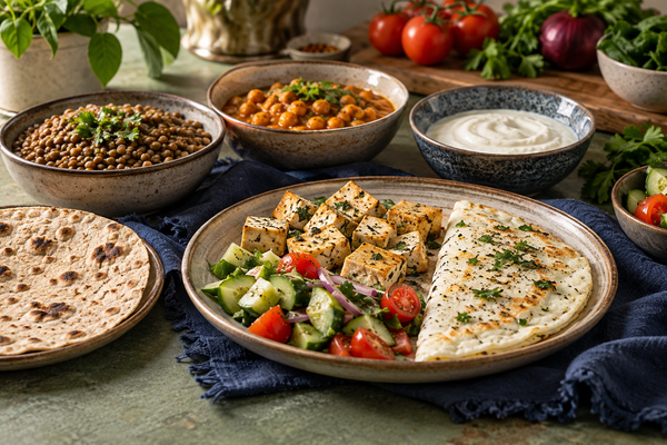 Protein-rich foods including lentils, chickpeas, yogurt, tofu and a cooked egg-white omelette
