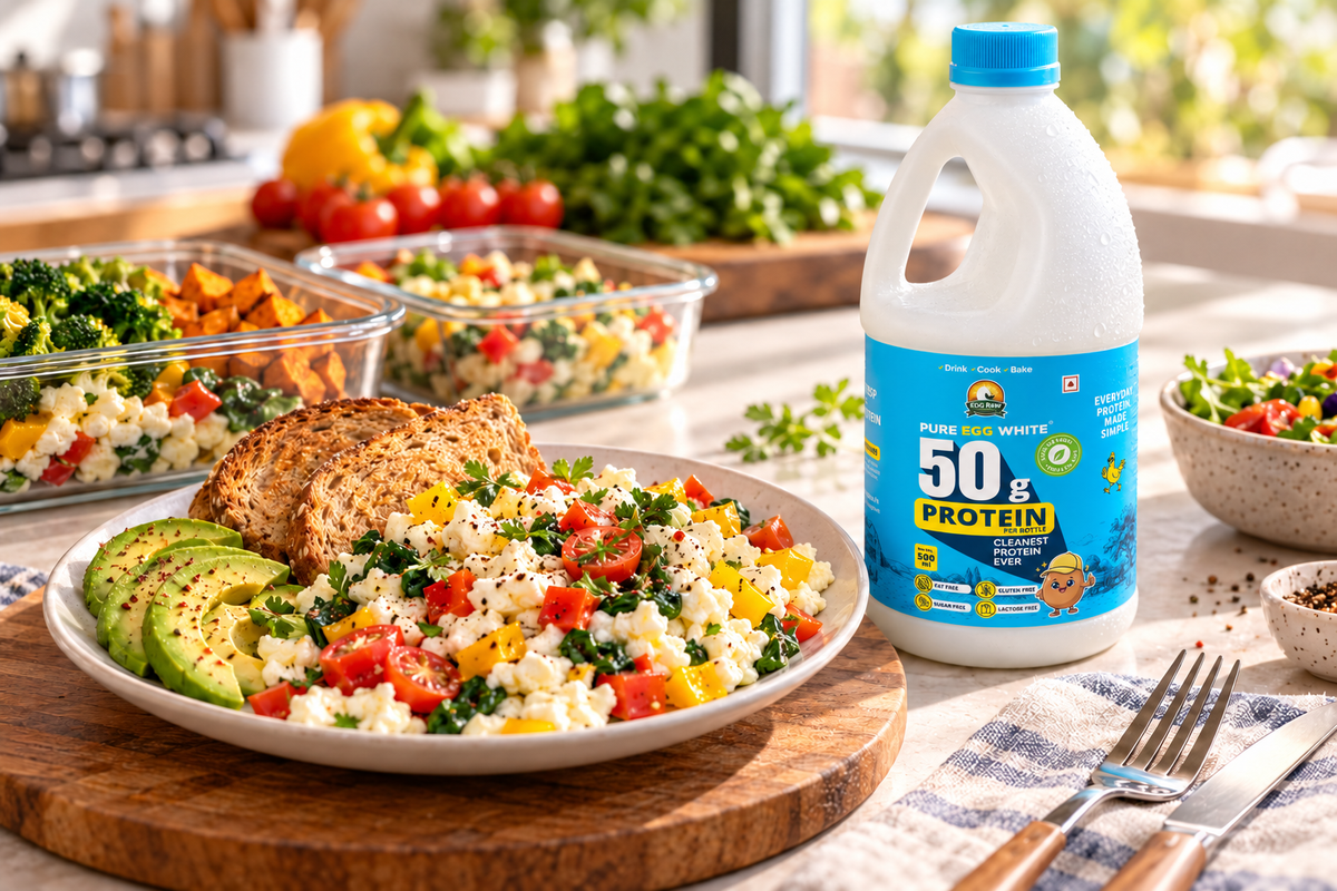 EGG RAW 500 ml liquid egg whites beside a balanced high-protein meal