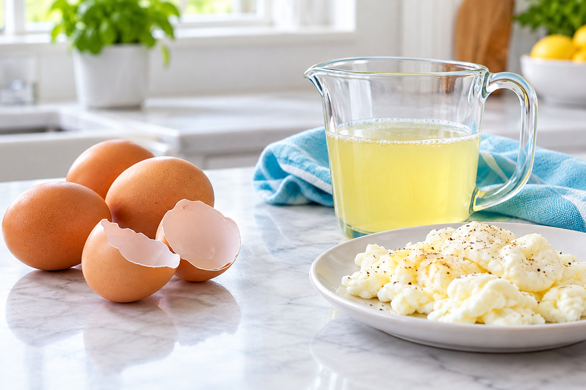Shell eggs alongside a measuring jug of liquid egg whites and cooked egg whites