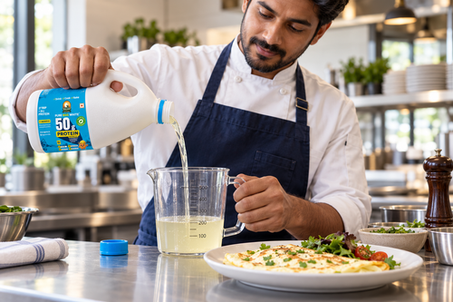 Illustrative kitchen scene: chef measuring EGG RAW egg whites for breakfast service