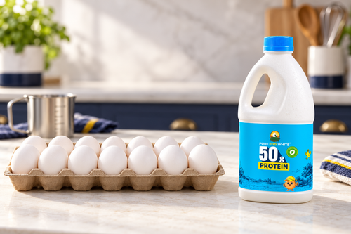 Illustrative product photograph of EGG RAW 500 ml egg whites beside shell eggs